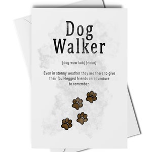 Impresión artística o tarjeta de felicitación con la definición de paseador de perros, gracias al paseador de perros, regalo de Navidad para el paseador de perros, regalo del perro al paseador de perros