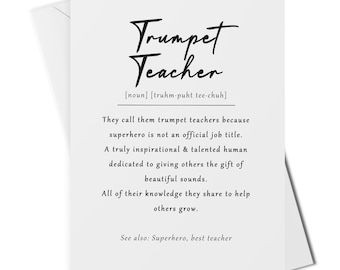 Trumpet teacher definition card, thank you trumpet teacher card, trumpet tutor card, music teacher definition card, gift for drummer