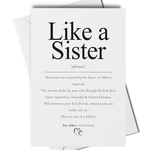 Like a sister definition card or art print, gift for best friend, gift for bestie, soul sister card, unbiological sister gift, step sister