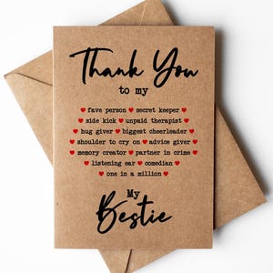 Thank you bestie card, Thank you bff card, Thank you best friend card, thank you cards, just because card, work bestie thank you card