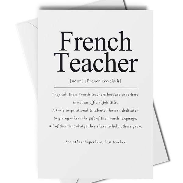 French teacher definition card or art print, gift for French teacher, thank you French teacher, end of term gift, teacher gifts