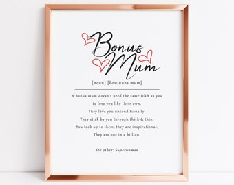 Bonus mum definition art print, gift for stepmother, gift for stepmom, gift for work mum, bonus mum birthday gift, adoptive mother gift