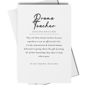 Tarjeta de definición de profesor de teatro, tarjeta de agradecimiento para profesor de teatro, tarjeta de escuela de teatro, tarjeta de promoción para profesor de teatro, graduación de profesor de teatro