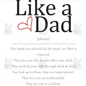 K&ouml;nnte beinhalten: Eine schwarz-wei&szlig;e Grafik mit dem Text "Like a Dad" in Fettdruck. Das Wort "Dad" hat ein rotes Herzsymbol davor. Der Text "[phrase]" befindet sich unter dem Haupttext. Der Text unter der Phrase lautet: "Diese Bindung wurde vom Herzen ausgew&auml;hlt, keine DNA ist erforderlich. Sie lieben dich, als w&auml;rst du ihr eigenes Kind. Sie stehen dir in dicken und d&uuml;nnen Zeiten zur Seite. Du siehst zu ihnen auf, sie sind inspirierend. Sie lieben dich bedingungslos. Sie sind einzigartig."