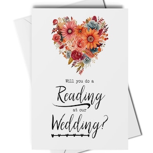 Allez-vous faire une lecture à notre carte de mariage, lire à notre mariage, parler à notre faire-part de mariage, demander à un lecteur de mariage, un témoin de lecture de carte