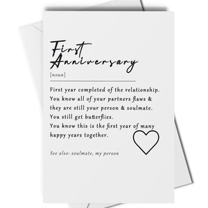 Tarjeta de definición del primer aniversario, tarjeta de aniversario para novio/novia/esposa/esposo/pareja, regalo del 1er aniversario, un año juntos