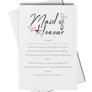 Carte de définition de demoiselle d'honneur, cadeau de mariage de demoiselle d'honneur, carte de mariage, carte de demoiselle d'honneur principale, carte de demoiselle d'honneur de remerciement