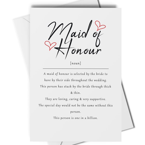 Maid of honour definition card, maid of honour wedding favour, bridal party card, chief bridesmaid card, thank you maid of honour card