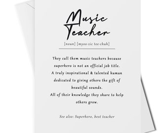 Music teacher definition card, thank you music teacher card, best teacher card, end of term card, end of school year card