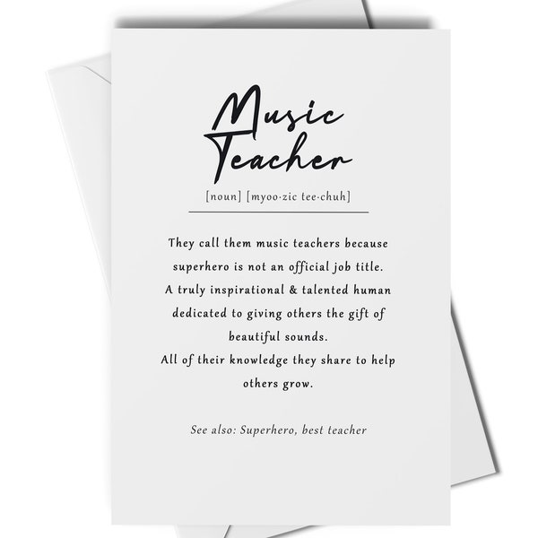 Music teacher definition card, thank you music teacher card, best teacher card, end of term card, end of school year card