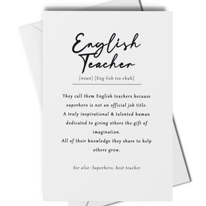 Tarjeta de definición de profesor de inglés, tarjeta de agradecimiento de profesor de inglés, tarjeta de profesor de fin de trimestre, tarjeta de agradecimiento de profesor, regalo de profesor de inglés