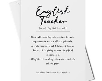 English teacher definition card, english teacher thank you card, end of term teacher card, thank you teacher card, english teacher gift