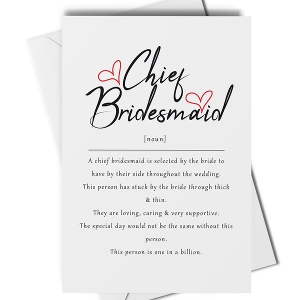 Chief bridesmaid definition card with envelope, chief bridesmaid thank you card, will you be my chief bridesmaid card, wedding cards