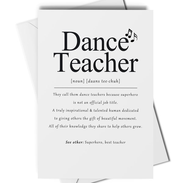 Dance teacher definition card, thank you dance teacher card, ballet teacher card, tap teacher card, zumba teacher card, hip hop teacher card