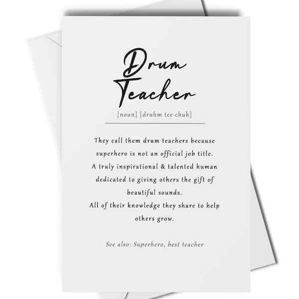 Drum teacher definition card, card for drum teacher, thank you card for drum tutor, music teacher card, gift for drum teacher, drummer