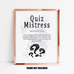 Tarjeta de definición de Quizmistress o impresión de arte, tarjeta para quizmistress, regalo para quizmistress, regalo para amante de los cuestionarios, regalo para concurso, decoración de pub