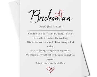 Bridesman definition card, bridesman gift, bridesman wedding favour, wedding party cards, thank you cards at wedding, card for bridesman