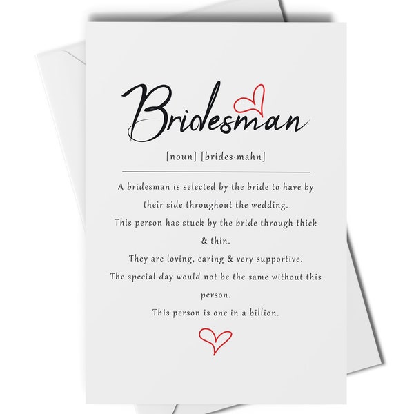 Bridesman definition card, bridesman gift, bridesman wedding favour, wedding party cards, thank you cards at wedding, card for bridesman