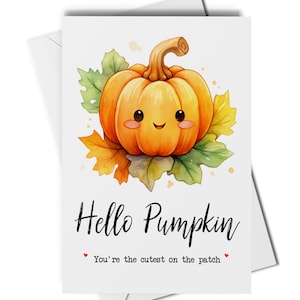 Bonjour carte citrouille, carte de voeux d'Halloween, jolie carte de citrouille, carte de voeux d'automne, carte d'automne, carte de voeux d'octobre, citrouille avec visage