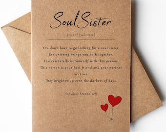 Soul sister definition card, card for best friend, card for bestie, sister from another mister card, gift for friend, bridesmaid card