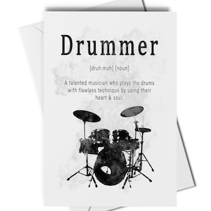 Tarjeta de felicitación con la definición de baterista, tarjeta de baterista, tarjeta de cumpleaños de baterista, tarjeta de baterista para cualquier ocasión, tarjeta de profesor de batería, tarjeta de estudiante de batería