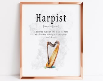 Harpist definition art print or greetings card, gift for harp player, card for harp player, thank you harpist card, harpist wedding favour