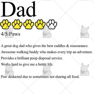 May include: A humorous card with the word "Dad" and a rating of 4 out of 5 paws. The text reads "A great dog dad who gives the best cuddles & reassurance. Awesome walking buddy who makes every trip an adventure. Provides a brilliant poop disposal service. Works hard to give me a better life. Paw deducted due to sometimes not sharing all food."