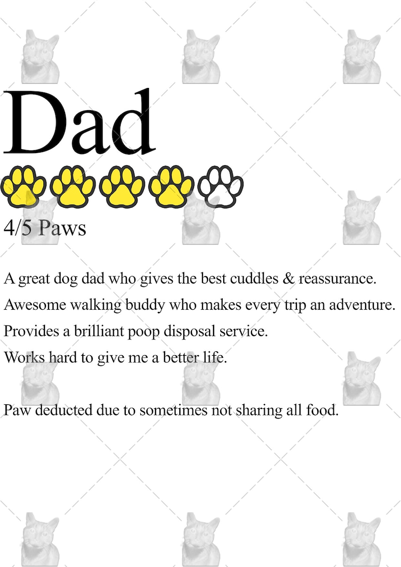 May include: A humorous card with the word "Dad" and a rating of 4 out of 5 paws. The text reads "A great dog dad who gives the best cuddles & reassurance. Awesome walking buddy who makes every trip an adventure. Provides a brilliant poop disposal service. Works hard to give me a better life. Paw deducted due to sometimes not sharing all food."