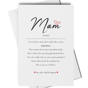 Tarjeta de felicitación con la definición de Mam, tarjeta de Mam en galés, tarjeta de Mam para cualquier ocasión, tarjeta de cumpleaños para Mam, tarjeta de agradecimiento para Mam, tarjeta del día de la madre de Mam