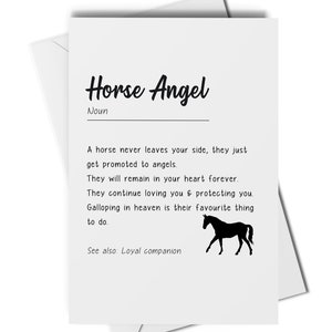 Carte de définition d'ange de cheval, cheval avec carte de sympathie, perte d'animal de compagnie, perte de cheval, carte de souvenir de cheval, carte de souvenir de cheval, deuil d'animal de compagnie