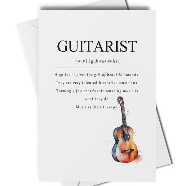 Guitarist definition card, guitar players card, birthday card for guitarist, card for musician, card for music teacher, blank guitar card