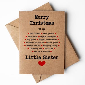 Tarjeta de feliz Navidad para hermana pequeña, linda tarjeta para hermana pequeña, tarjeta festiva para hermana pequeña, tarjeta navideña para hermana menor, tarjetas kraft