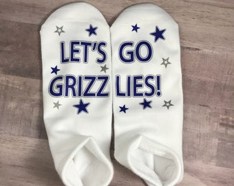 Let’s Go Grizzlies! Spirit Socks – White Ankle Socks with Blue & Silver Stars – School Spirit Gift, Sports Team Fan Gear