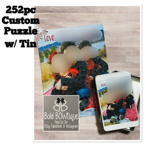 252 piece custom puzzle made with your photo and custom wording. Comes with matching tin. Puzzle is approx 10x15