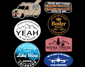 May include: A set of nine colorful stickers with various designs and text. The stickers feature a cartoon van, mountains, a beer glass, a plane, and a crown. The text on the stickers includes "You brought extra gloves?", "Yeah, we're in the Rockies", "A place where the beer flows like wine", "Aspen Colorado", "Those skis yours?", "Both of em?", "Kick his ass seabass, Boiler Maker, Kick his ass seabass", "We're there, Aspen Colorado", and "Why ya going to the airport? Flying somewhere?"