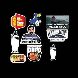 Könnte beinhalten: Ein Set aus neun Aufklebern mit verschiedenen Designs, darunter ein Pinguin, eine Ente, ein Mann mit Schnurrbart und ein Schild mit der Aufschrift "Waterbury Open Just Tap It In".