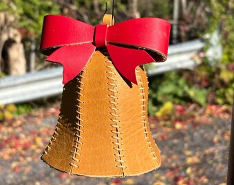 Mammoth Bison Peanut Heritage Leather Jingle Bell Ornament with Santa Red Bow