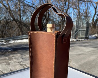 Dark Amber Harness Heritage Leather Wine Carrier with Orange Thread