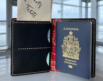 Black Heritage Leather Can/USA Passport Wallet with Red & Gold Filigree Lining