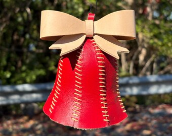 Santa Red Heritage Leather Jingle Bell Ornament with a Natural Bow
