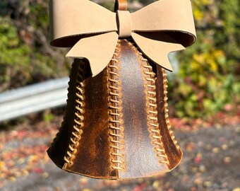 Antiqued Yellow Heritage Leather Jingle Bell Ornament with a Natural Bow