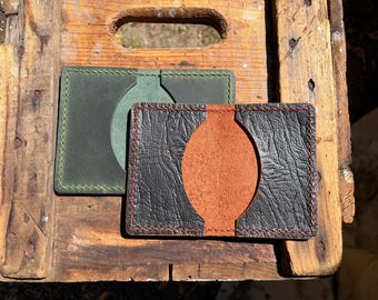 Hunter Green and Burnt Orange Heritage Leather Clamshell 6 Card Front Pocket Wallets