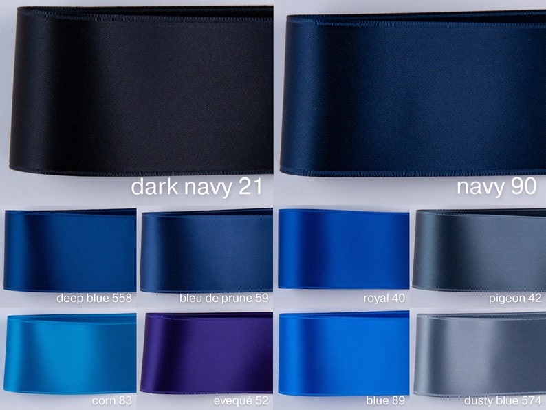 Satin ribbon for dress belt, dirndl bow in navy, dark blue, gray blue, light blue, Dusty Blue, Indigo. Swiss quality, 100 colors, 3 widths image 7