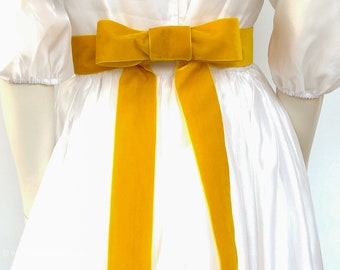 Velvet belt with bow in yellow, Gold, corn, Pastel. 72 colors, 3 widths. Swiss quality sash for dresses, wedding gown, prom dress, costumes.