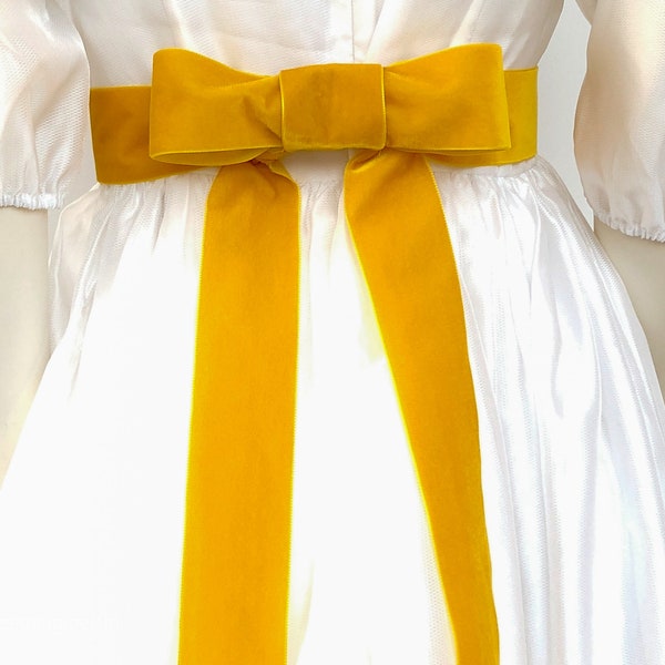 Velvet belt with bow in yellow, Gold, corn, Pastel. 72 colors, 3 widths. Swiss quality sash for dresses, wedding gown, prom dress, costumes.