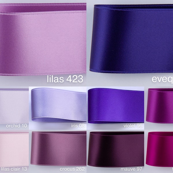 Satin ribbon in Purple, Violet, Lilac,  100 colours, 7 different widths in Swiss quality. For tailoring, crafts, deco, wreaths & floristry.