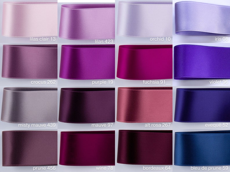 Puede incluir: Una tabla de 16 tonos diferentes de cinta de color p&uacute;rpura, con el nombre y el n&uacute;mero de cada tono enumerados debajo.