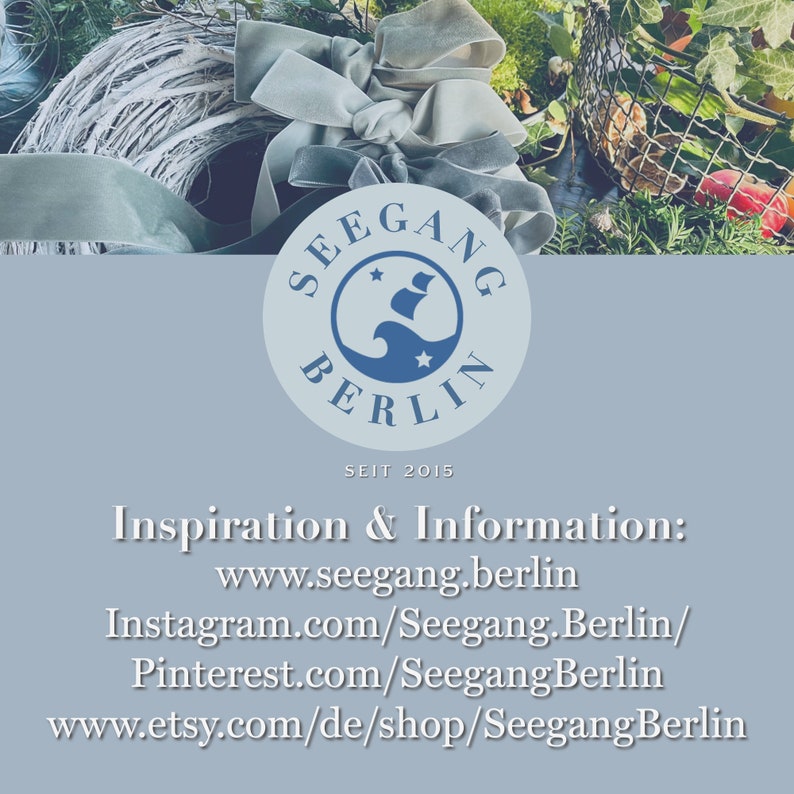 May include: A light blue circular logo featuring a stylized ship and wave icon with the text SEEGANG BERLIN SEIT 2015. Below the logo, the text reads Inspiration & Information: www.seegang.berlin, Instagram.com/Seegang.Berlin/, Pinterest.com/Seegang.Berlin, and www.etsy.com/de/shop/SeegangBerlin.