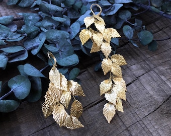 Hanging earrings with many small leaves. Gold, silver, or rose gold color. Woodland style for fairies, elves, wedding, prom, festival, party