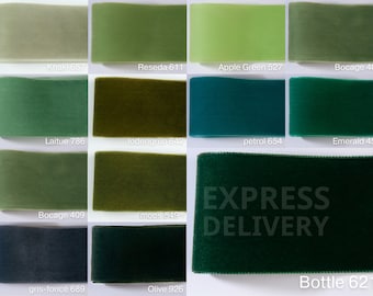 Dark green velvet ribbon and 72 other colors and 4 widths. Swiss quality yard goods for sewing, for decoration, Easter, Christmas, wreaths.